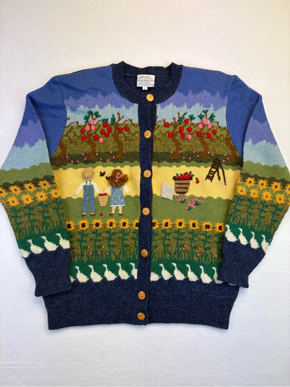VTG Susan Bristol Cardigan Sweater Womens Medium Wool Hand Embroidered Apple